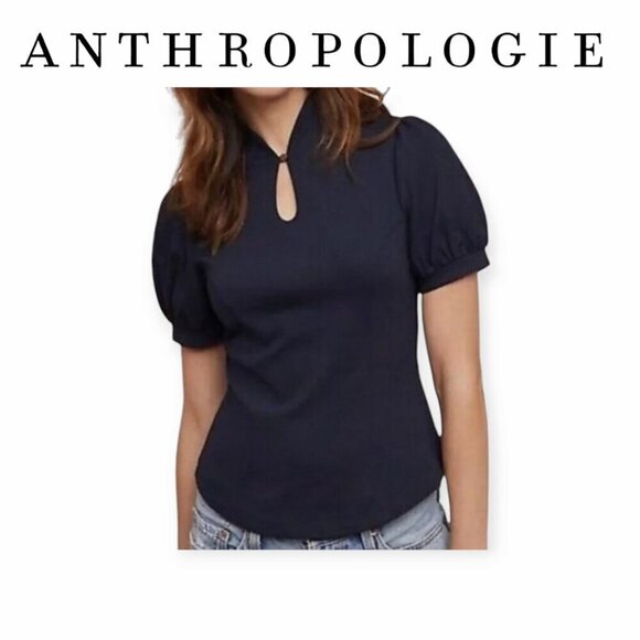 Classic Navy Mockneck Keyhole Top by Anthropologie XS - Picture 1 of 14